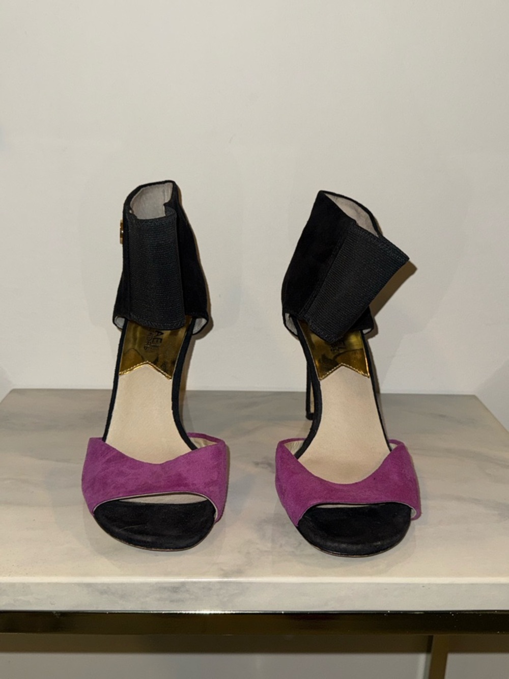 Michael Kors Black and Purple Open-Toe Ankle-Cuff Heels